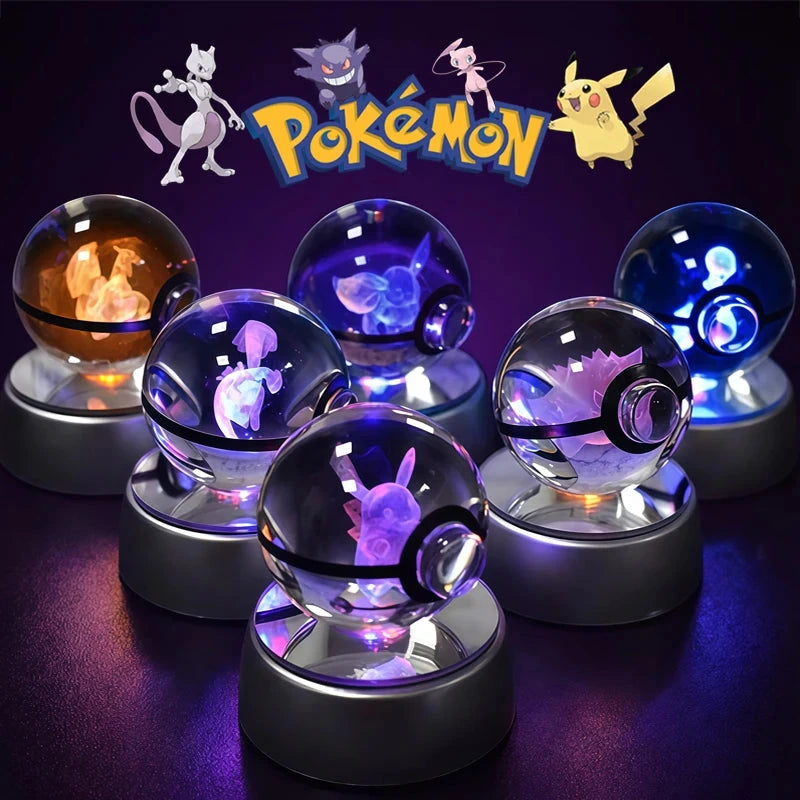 Pokemon Crystal Ball 3D Mewtwo Pikachu Gengar Pokeball 3D Night Light Lamp Glass Statue Pokemon Crystal Ball Birthday Gift