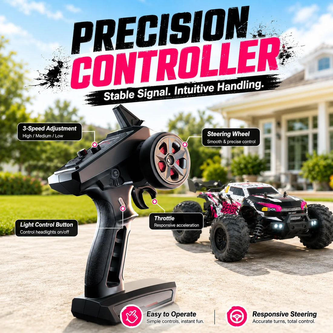ZNLYRION RC Car Off-Road Monster 4WD Truck 2.4GHz 3-Speed Adjustable Remote Control Car