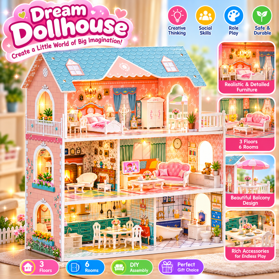 ROBUD Wooden Dollhouse 3 Story 6 Room with 31PCS Furniture Set, Kids Pretend Play