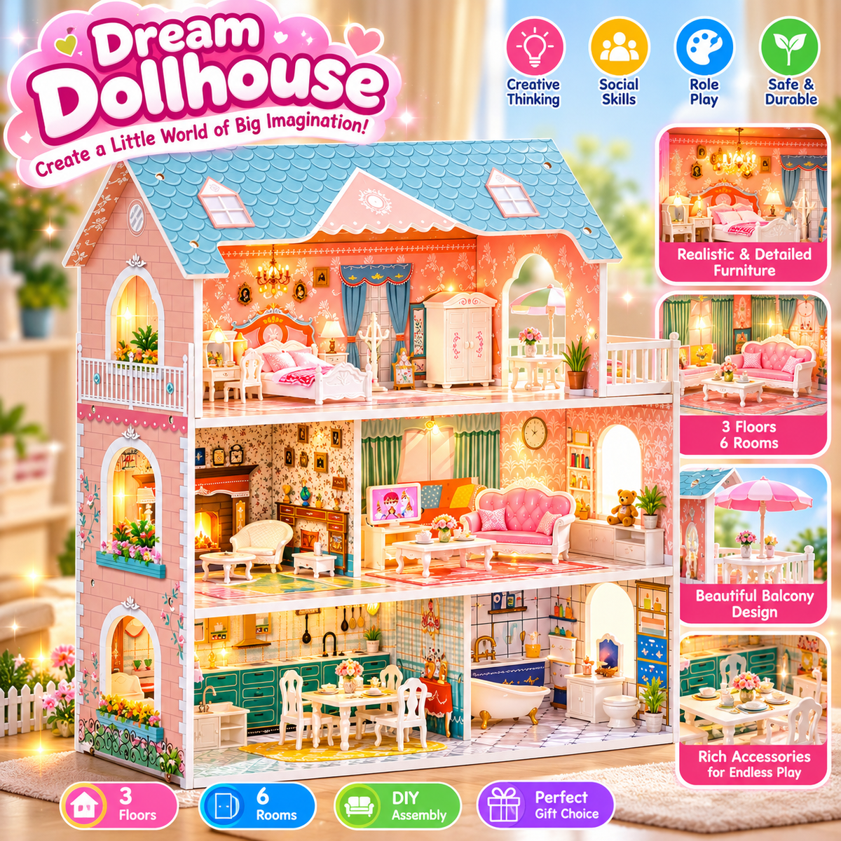 ROBUD Wooden Dollhouse 3 Story 6 Room with 31PCS Furniture Set, Kids Pretend Play
