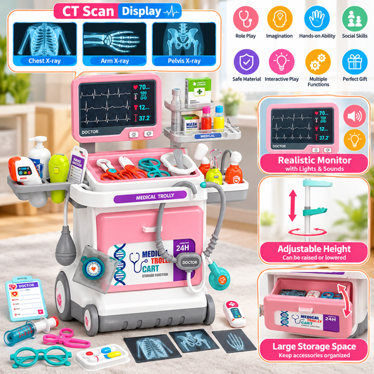 Deluxe Kids Doctor Play Set Pretend Play Medical Cart Trolley ECG Stethoscope Educational Role Play Toy Boys Girls Gift