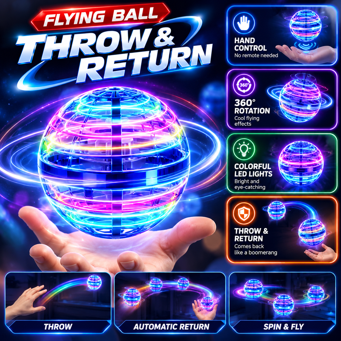 Flying Ball Children's Hand Controlled Color LED Cosmic Globe 360 ° Rotating Suspension Ball Suitable for Indoor and Outdoor Toy