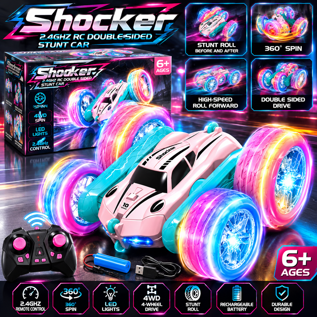 Christmas Themed Pink Remote-Controlled Swing Arm Stunt Car, 360° Flip, Double-Sided Driving, Cool Lighting, Christmas Gift