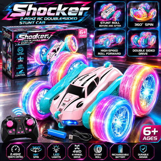 Christmas Themed Pink Remote-Controlled Swing Arm Stunt Car, 360° Flip, Double-Sided Driving, Cool Lighting, Christmas Gift