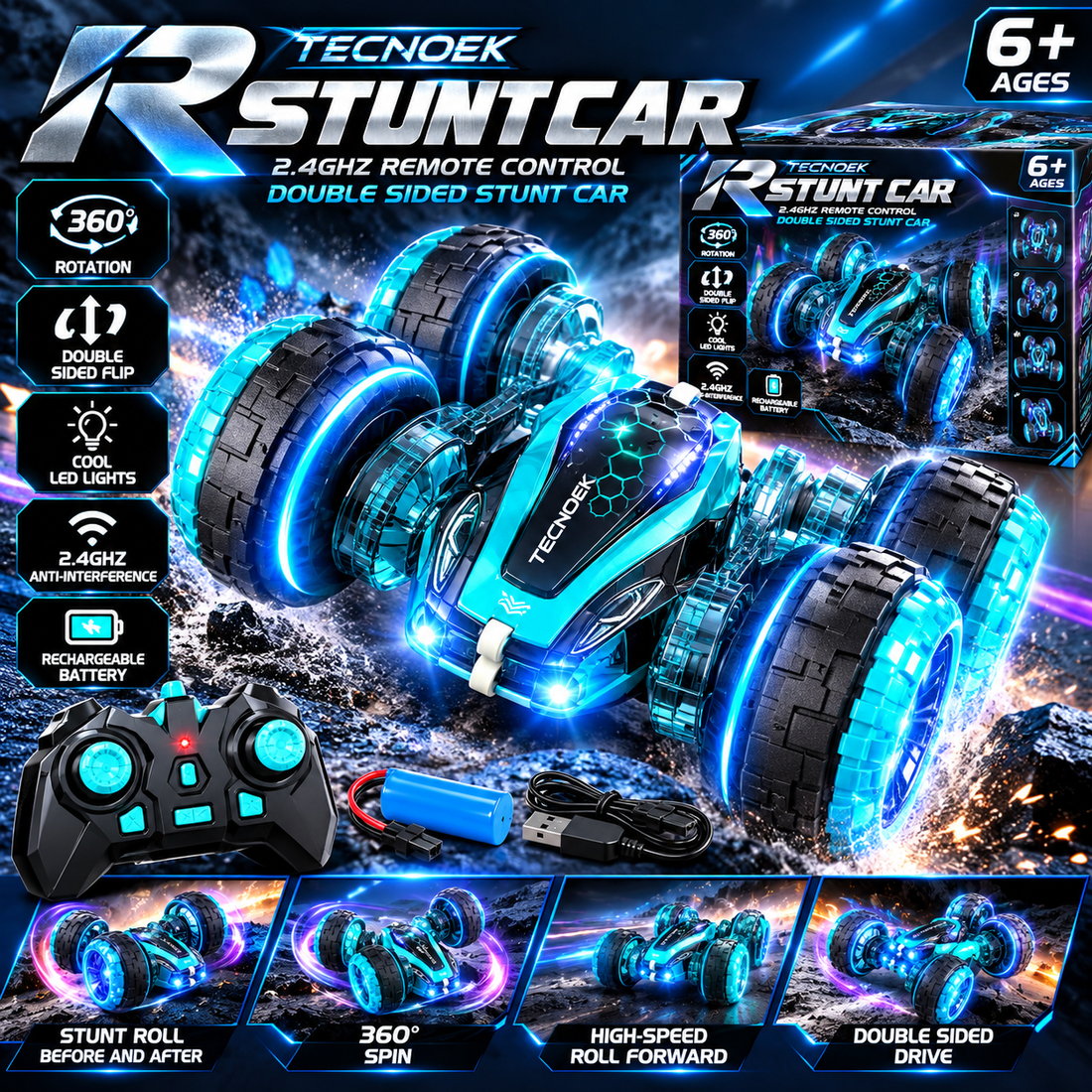 Remote Control Car with Lights, 2.4Ghz RC Car Double Sided 360°Flip RC Stunt Cars