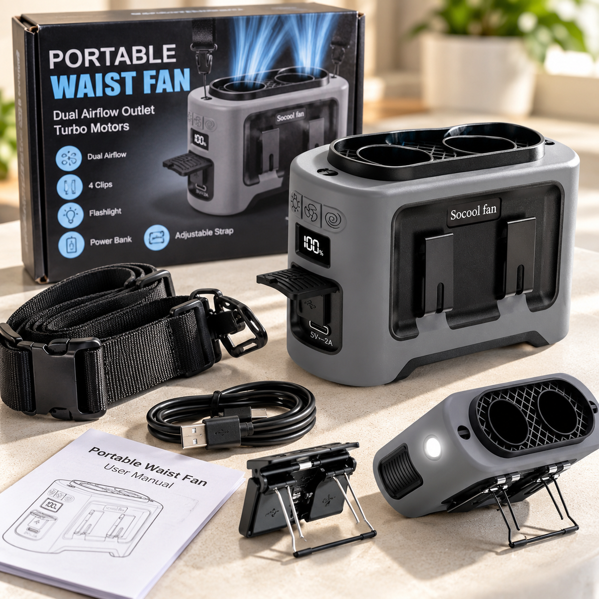 Portable Waist Fan Dual Airflow Outlet Turbo Motors with Four Clips Emergency Flashlight Power Bank for Outdoor