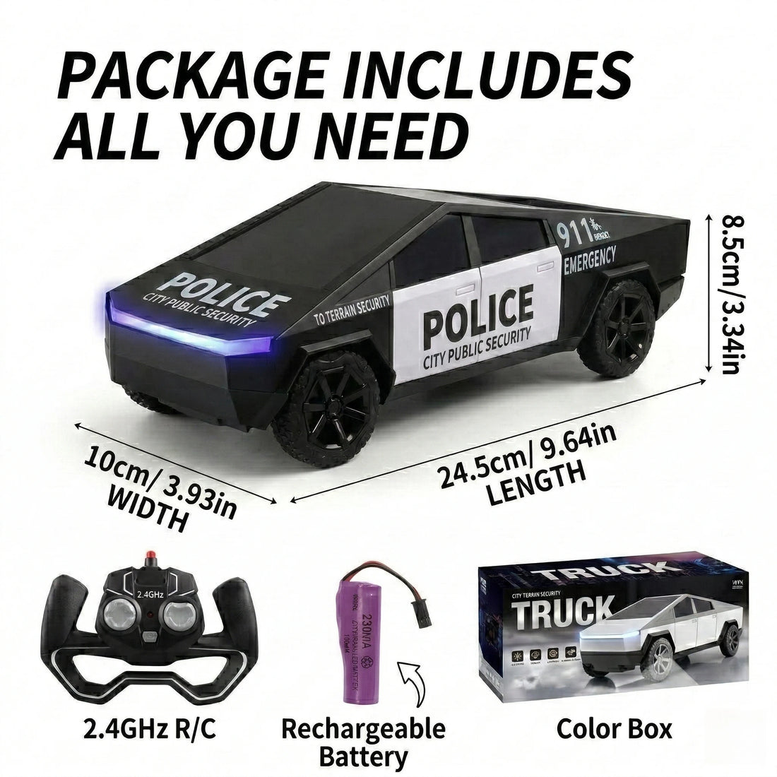 2.4G Remote Control Cyber Pickup Truck, RC Police Car with LED Lights, Rechargeable Off Road Racing Vehicle Toy for Boys Gifts