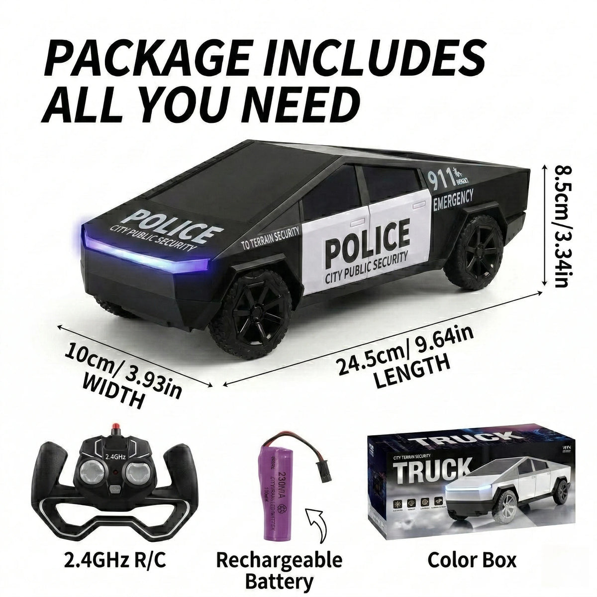 2.4G Remote Control Cyber Pickup Truck, RC Police Car with LED Lights, Rechargeable Off Road Racing Vehicle Toy for Boys Gifts