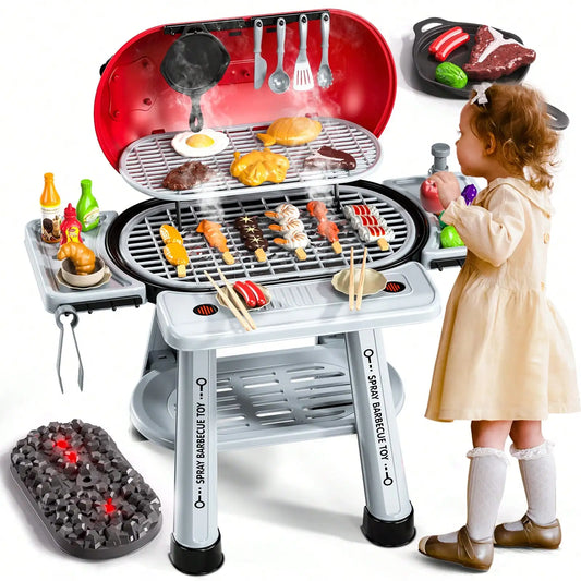 Kids Pretend Play BBQ Barbecue Grill Toy Set, 2‑Layer Kitchen Cooking Playset With Smoke Sound & Light Effect