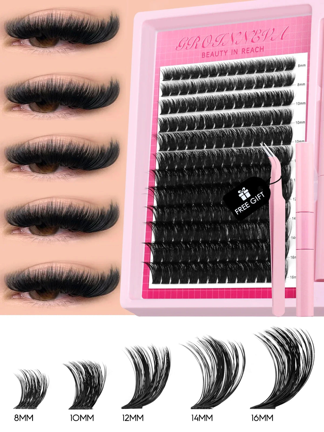 GROINNEYA Lash Clusters Kit Fluffy Individual Lashes C Curl Cluster DIY Lash Extension Kit