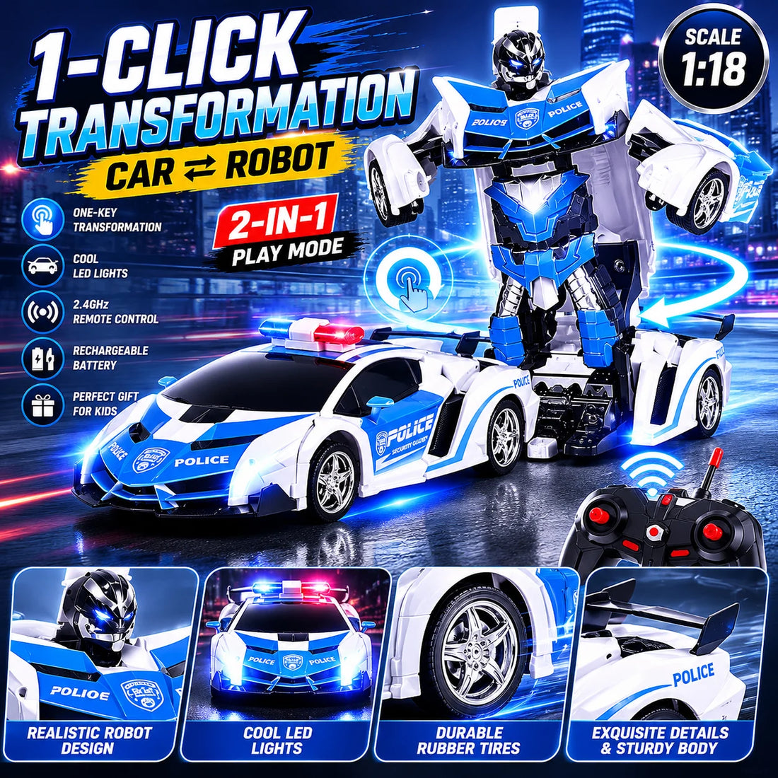 Transforming Robot Car 2.4GHz Remote Control Car with LED Lights