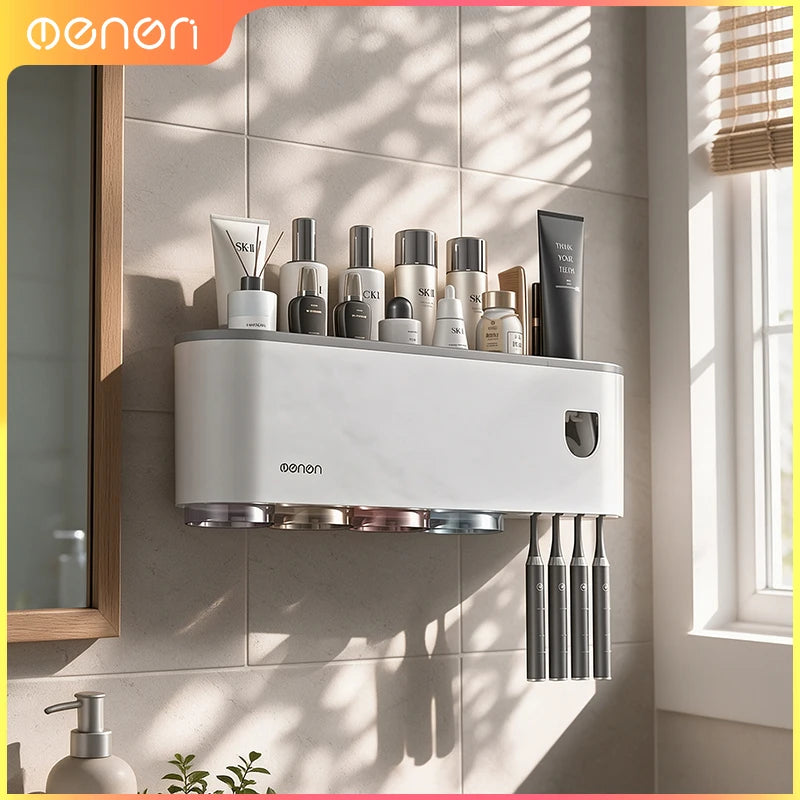 Toothbrush Holder With Automatic Toothpaste Dispenser Wall Mounted Bathroom Storage Organizer