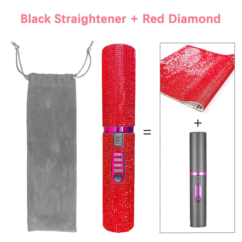 2-IN-1 Electric USB Hair Straightener Curler Fashion Colored Diamond  Design Wireless Travel Size