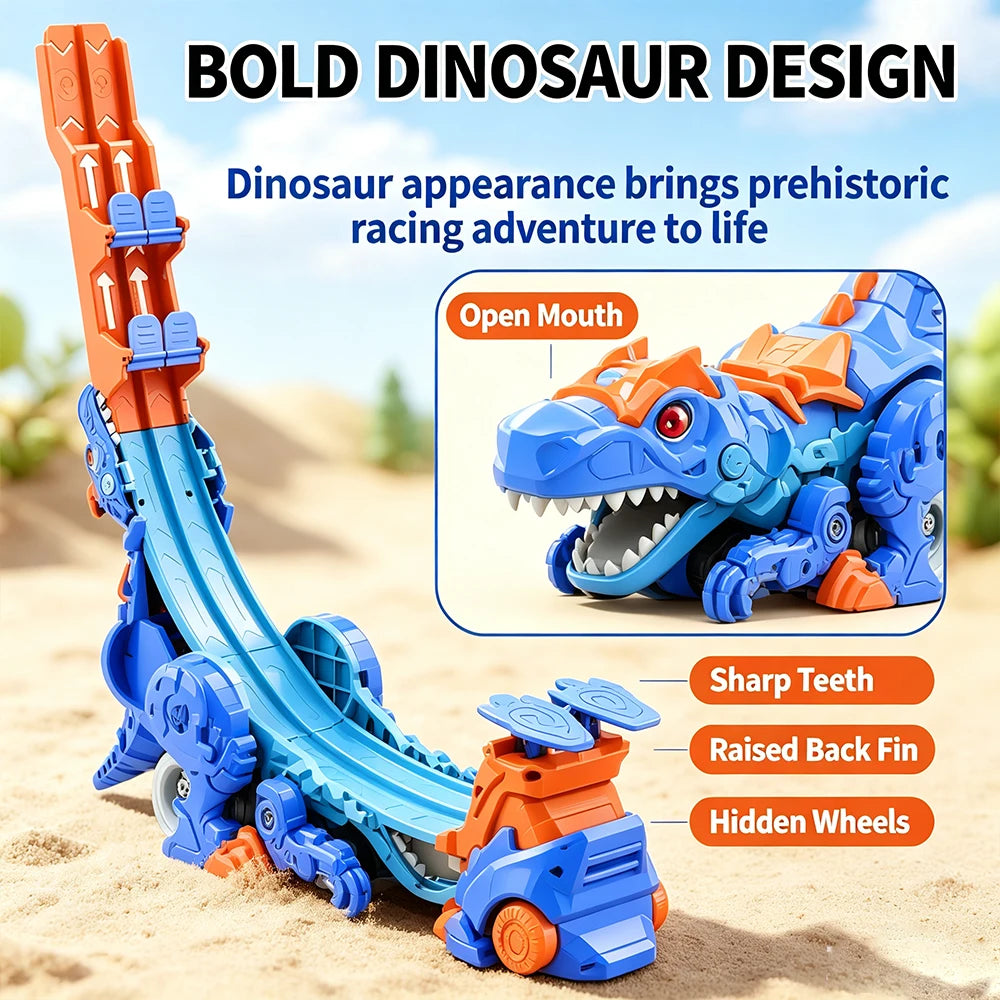 Foldable Dinosaur Transforming Race Track Launcher, 4 Shapes Multi Gameplay Stunt Car Toy