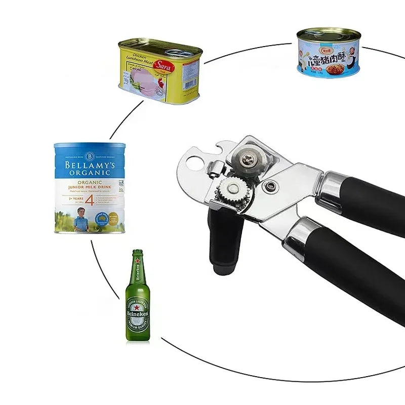 Multifunctional Stainless Steel Can Opener, Side Cut Professional Tin & Bottle Opener, Ergonomic Grip Kitchen Gadget