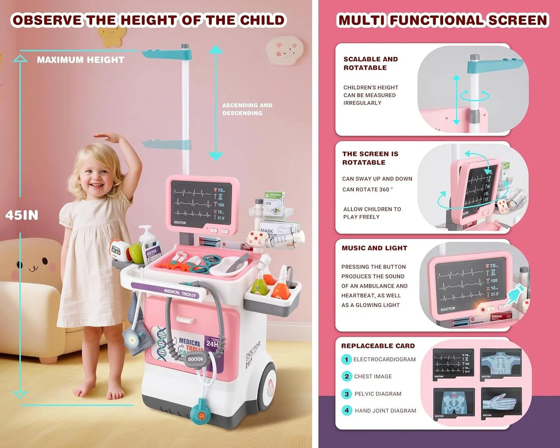Deluxe Kids Doctor Play Set Pretend Play Medical Cart Trolley ECG Stethoscope Educational Role Play Toy Boys Girls Gift