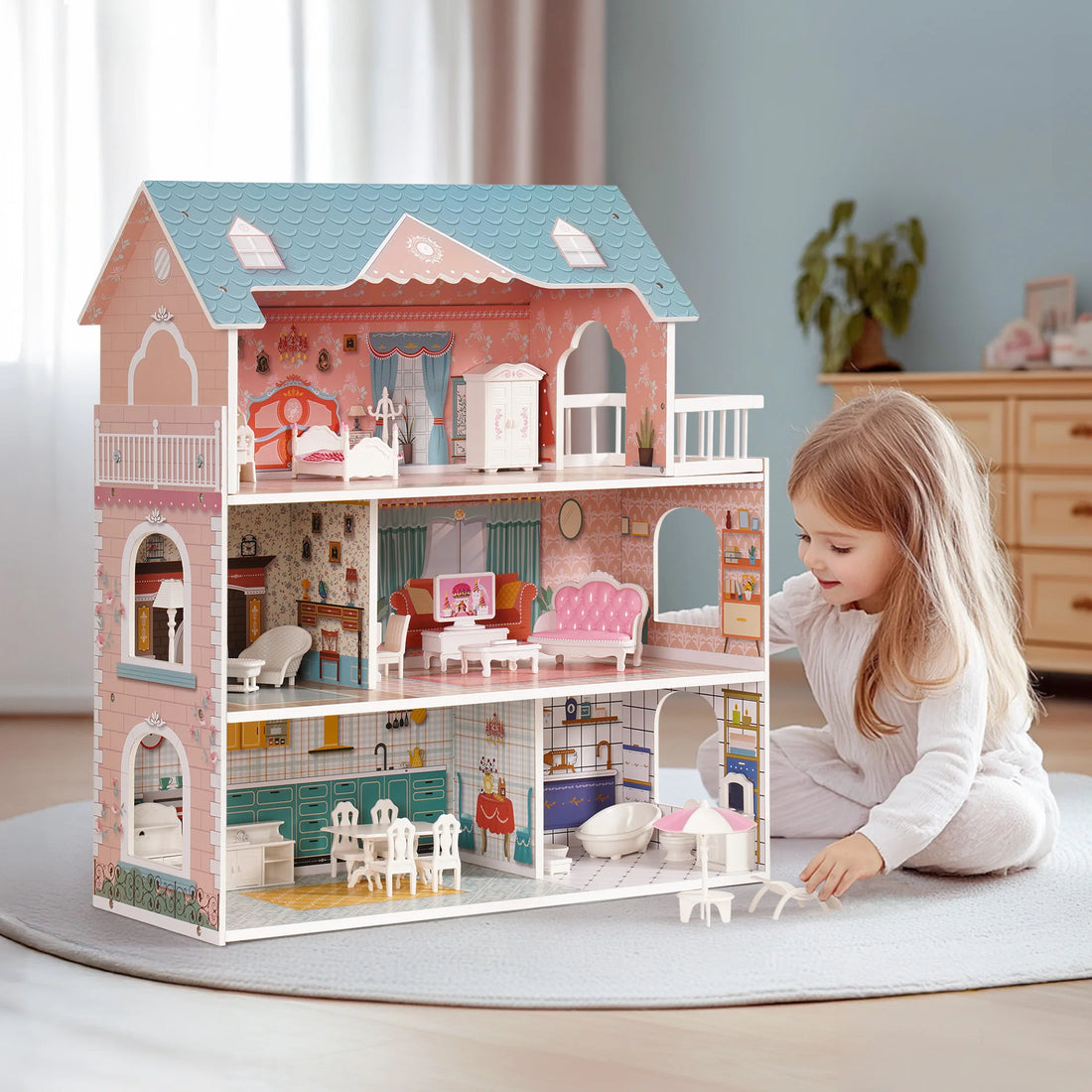 ROBUD Wooden Dollhouse 3 Story 6 Room with 31PCS Furniture Set, Kids Pretend Play
