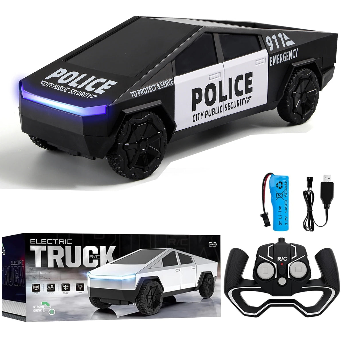 2.4G Remote Control Cyber Pickup Truck, RC Police Car with LED Lights, Rechargeable Off Road Racing Vehicle Toy for Boys Gifts