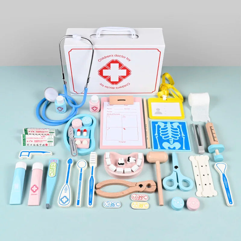 Wooden Pretend Play Doctor Medical Simulation Medicine Chest Set for Kids