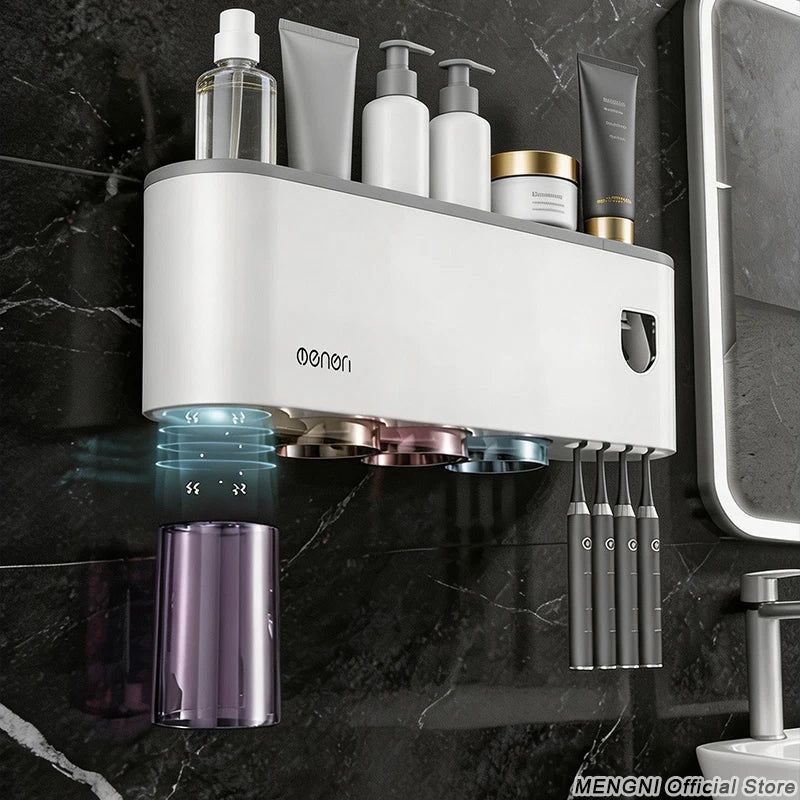 Toothbrush Holder With Automatic Toothpaste Dispenser Wall Mounted Bathroom Storage Organizer