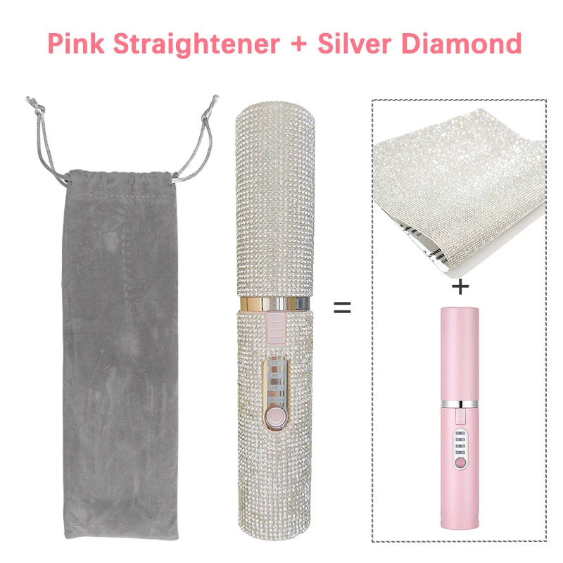 2-IN-1 Electric USB Hair Straightener Curler Fashion Colored Diamond  Design Wireless Travel Size