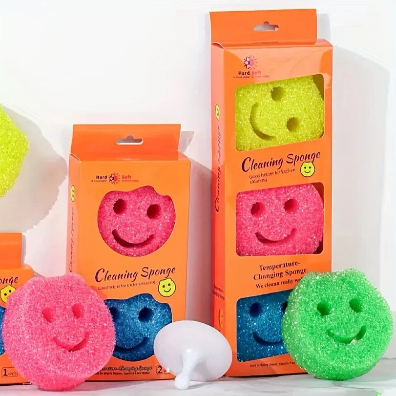 3pcs Smiley Face Cleaning Sponge, Colorful Temperature-Changing Kitchen Sponges, Multi-Purpose