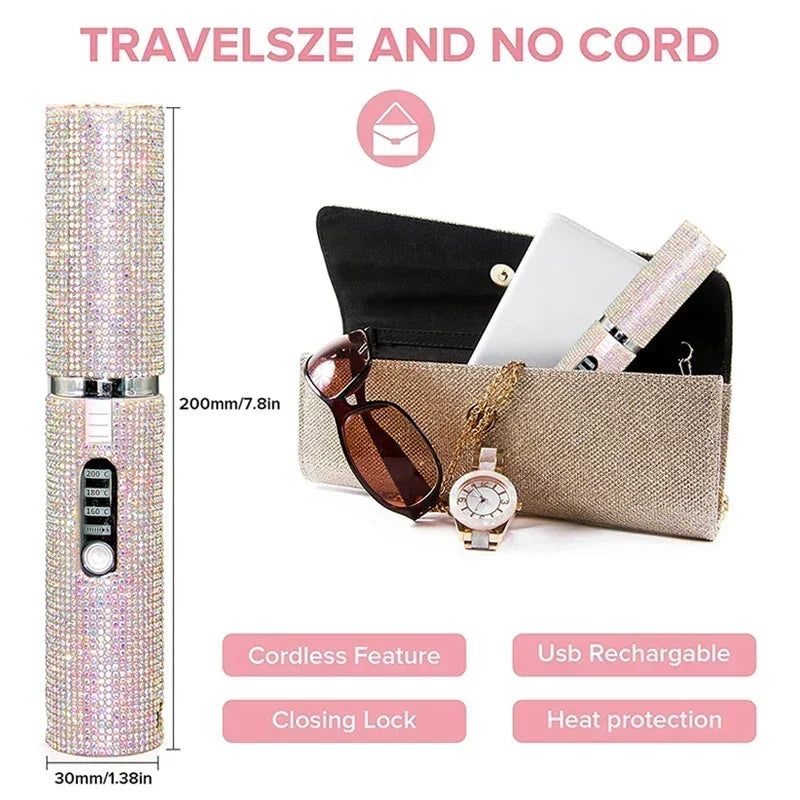 2-IN-1 Electric USB Hair Straightener Curler Fashion Colored Diamond  Design Wireless Travel Size