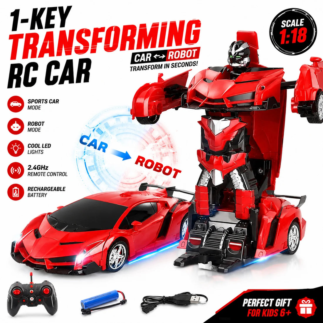 Transforming Robot Car 2.4GHz Remote Control Car with LED Lights