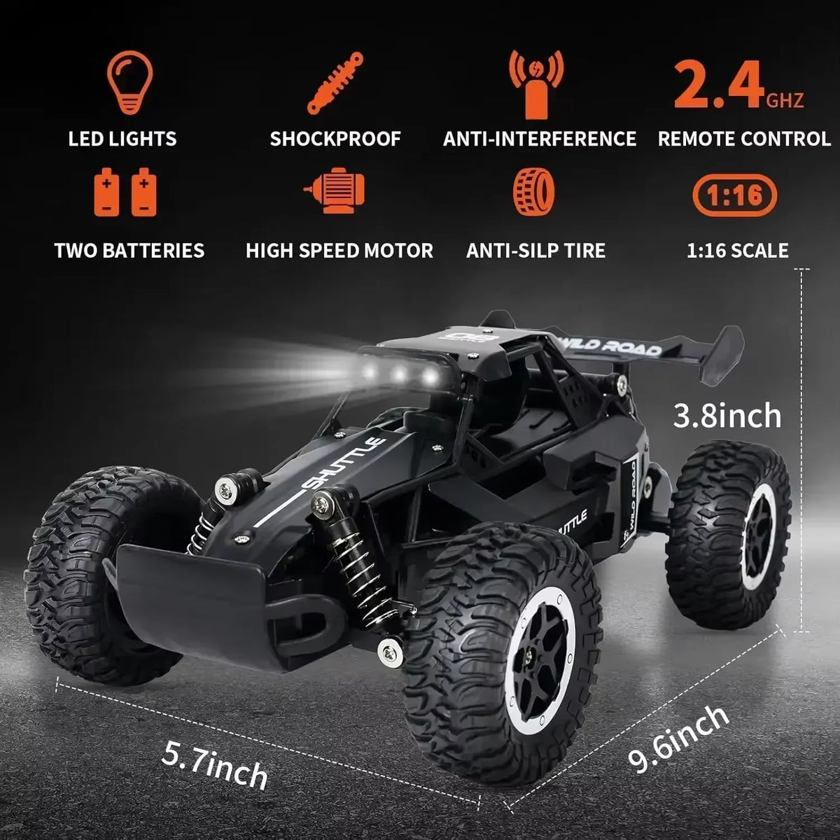 1:16 Scale Remote Control Monster Truck High Speeds 20KMH Off-Road RC Car with LED Lights for Adults Kids Durable Gift Ready for