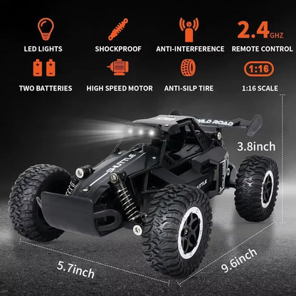 1:16 Scale Remote Control Monster Truck High Speeds 20KMH Off-Road RC Car with LED Lights for Adults Kids Durable Gift Ready for