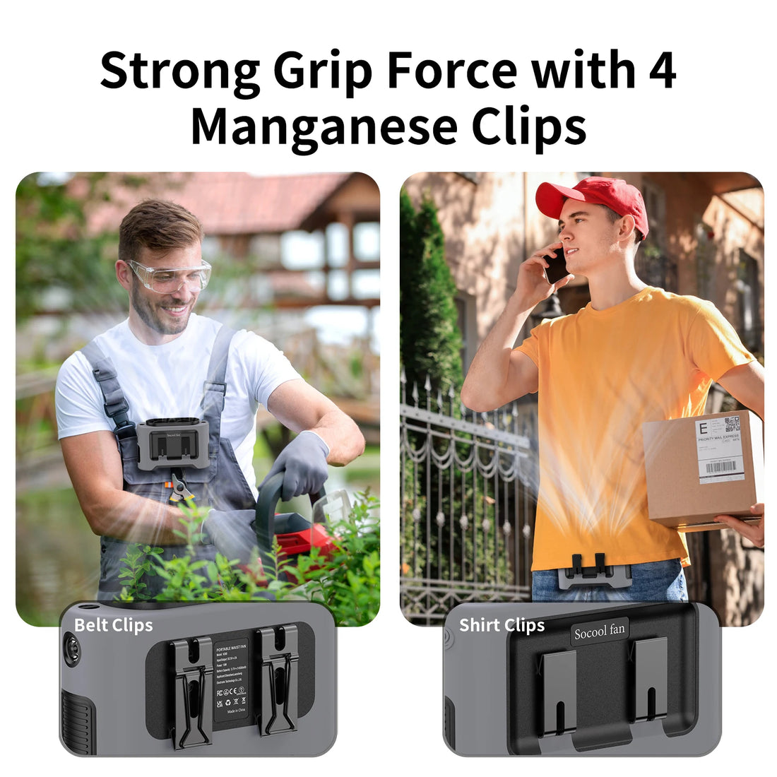 Portable Waist Fan Dual Airflow Outlet Turbo Motors with Four Clips Emergency Flashlight Power Bank for Outdoor