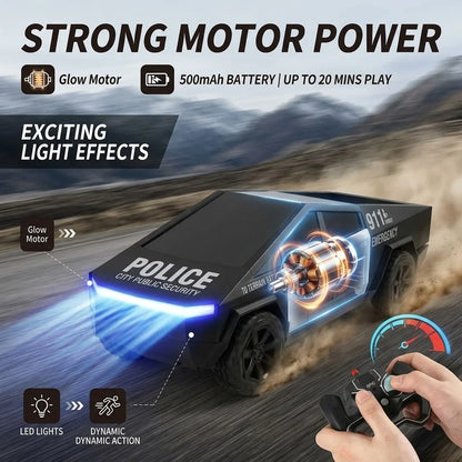 2.4G Remote Control Cyber Pickup Truck, RC Police Car with LED Lights, Rechargeable Off Road Racing Vehicle Toy for Boys Gifts