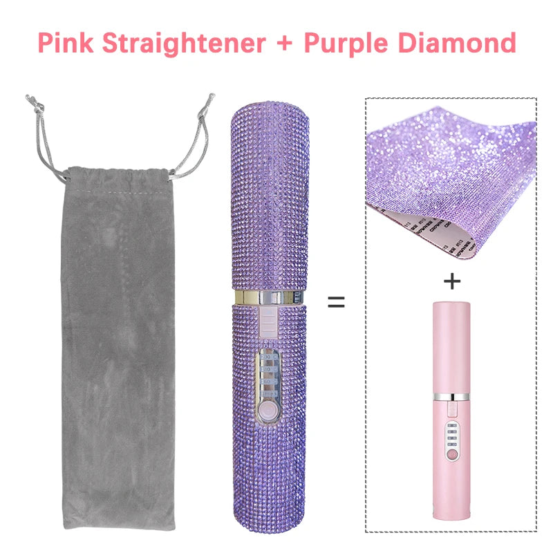 2-IN-1 Electric USB Hair Straightener Curler Fashion Colored Diamond  Design Wireless Travel Size