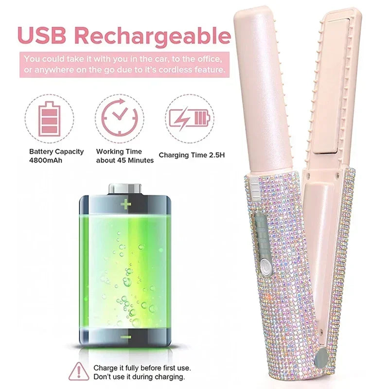 2-IN-1 Electric USB Hair Straightener Curler Fashion Colored Diamond  Design Wireless Travel Size