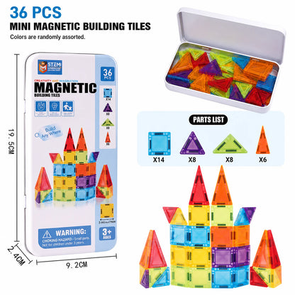 Magnetic Tiles Travel Set Metal Tin Box STEM Building Blocks Colorful ABS Magnet Toy for Kids
