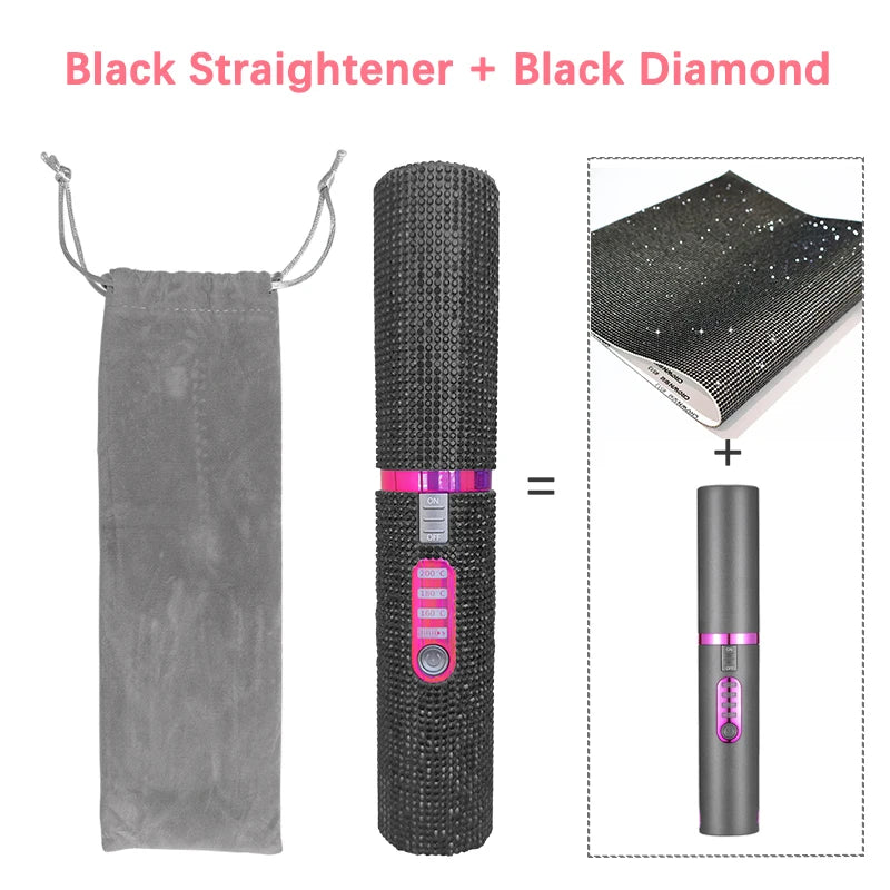 2-IN-1 Electric USB Hair Straightener Curler Fashion Colored Diamond  Design Wireless Travel Size