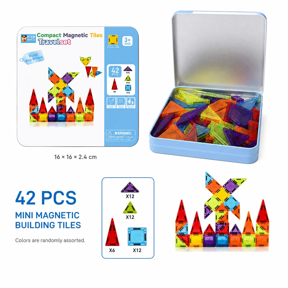 Magnetic Tiles Travel Set Metal Tin Box STEM Building Blocks Colorful ABS Magnet Toy for Kids