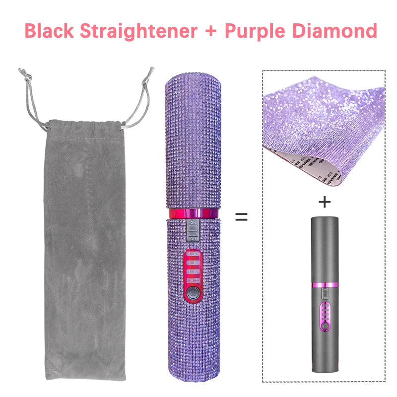 2-IN-1 Electric USB Hair Straightener Curler Fashion Colored Diamond  Design Wireless Travel Size