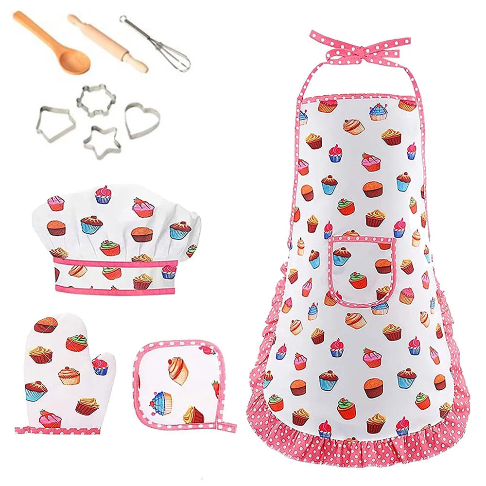 4/11Pcs Kids Cooking Apron Gloves Hat Set Child Chef Kitchen Baking Tool Play House Toys