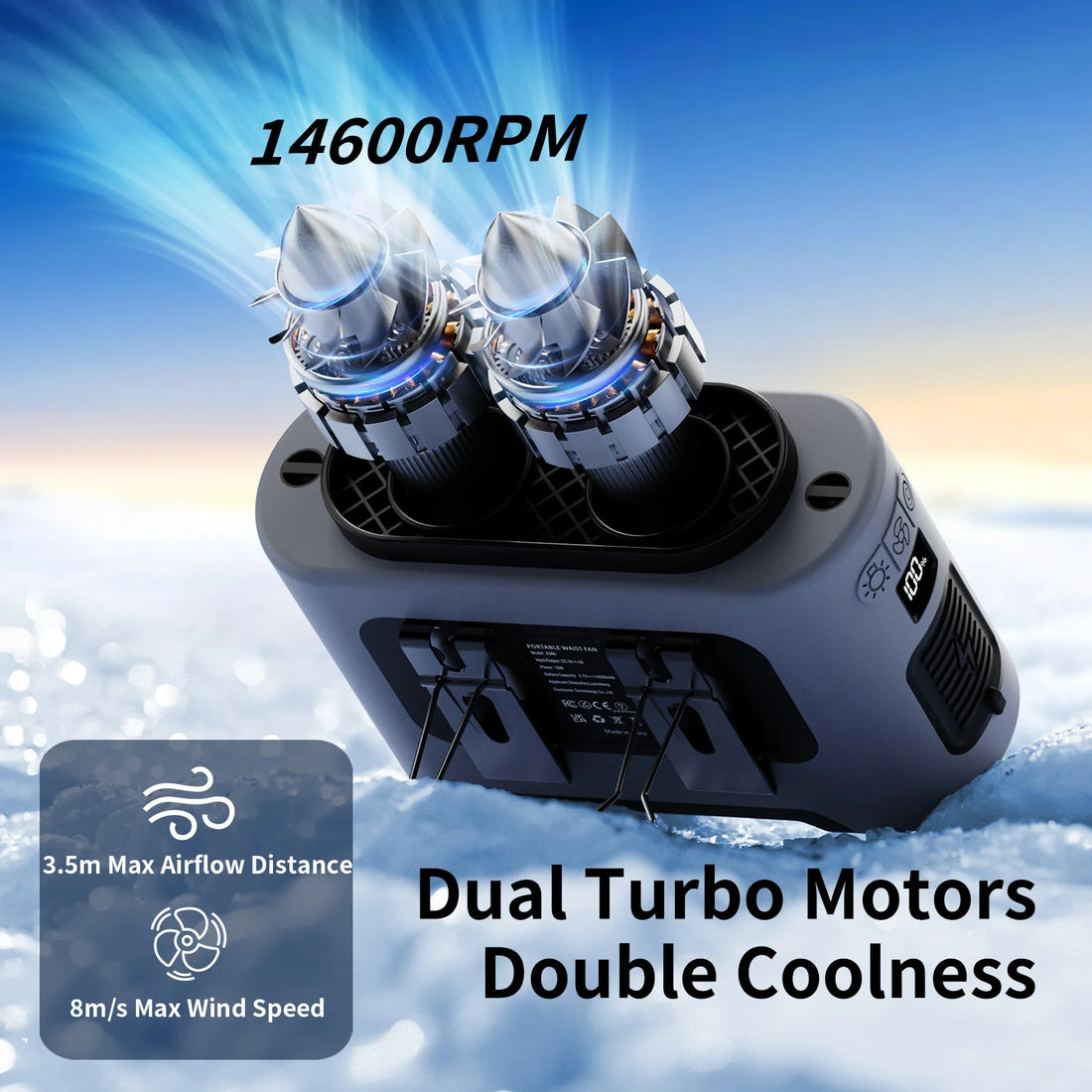 Portable Waist Fan Dual Airflow Outlet Turbo Motors with Four Clips Emergency Flashlight Power Bank for Outdoor