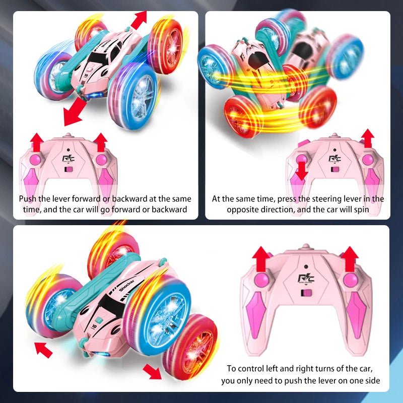 Christmas Themed Pink Remote-Controlled Swing Arm Stunt Car, 360° Flip, Double-Sided Driving, Cool Lighting, Christmas Gift