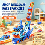 Foldable Dinosaur Transforming Race Track Launcher, 4 Shapes Multi Gameplay Stunt Car Toy