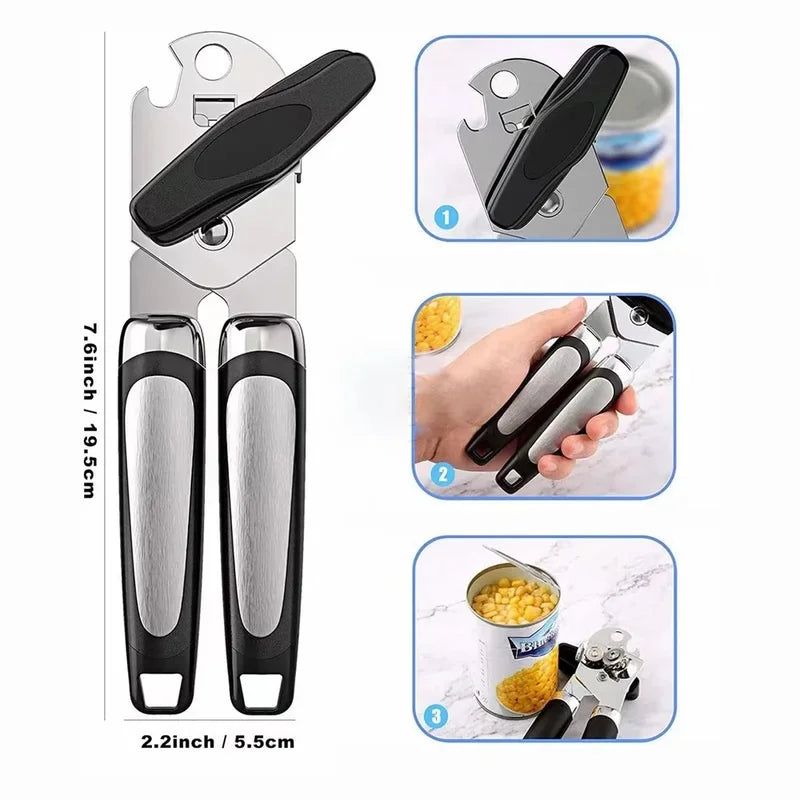 Multifunctional Stainless Steel Can Opener, Side Cut Professional Tin & Bottle Opener, Ergonomic Grip Kitchen Gadget