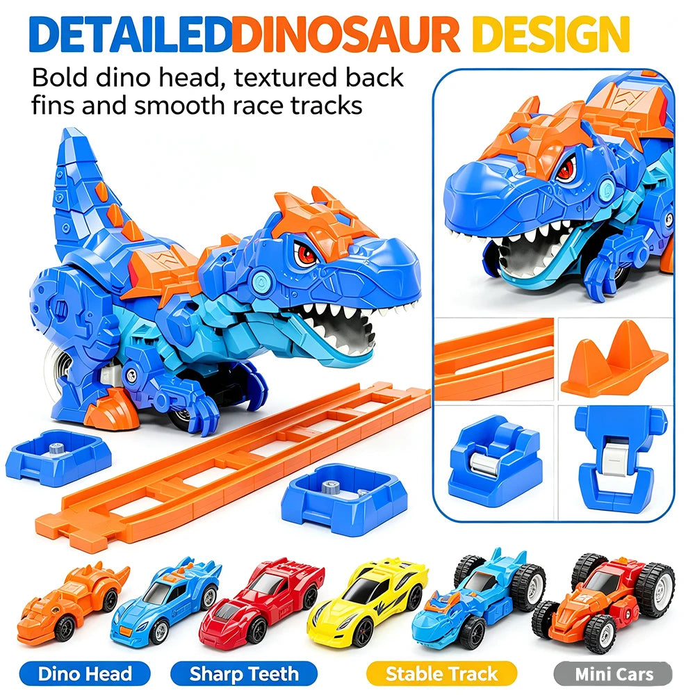 Foldable Dinosaur Transforming Race Track Launcher, 4 Shapes Multi Gameplay Stunt Car Toy