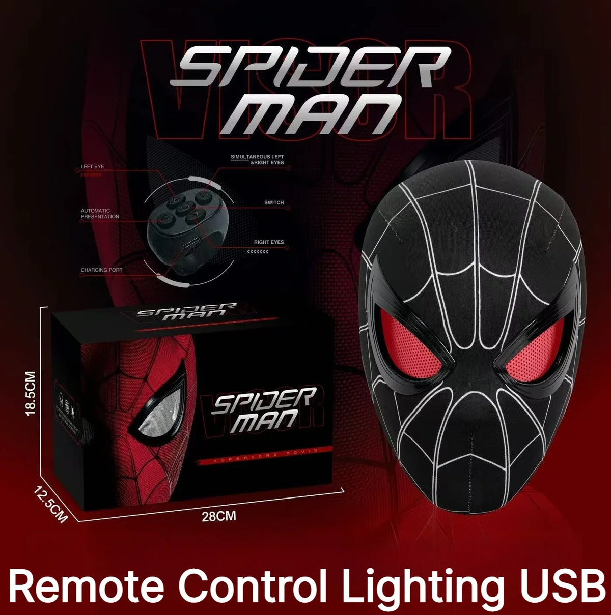 Miles Spider-Man 1:1 Scale Electronic Mask With Moving Glowing Eyes Ring Control Cosplay Toy