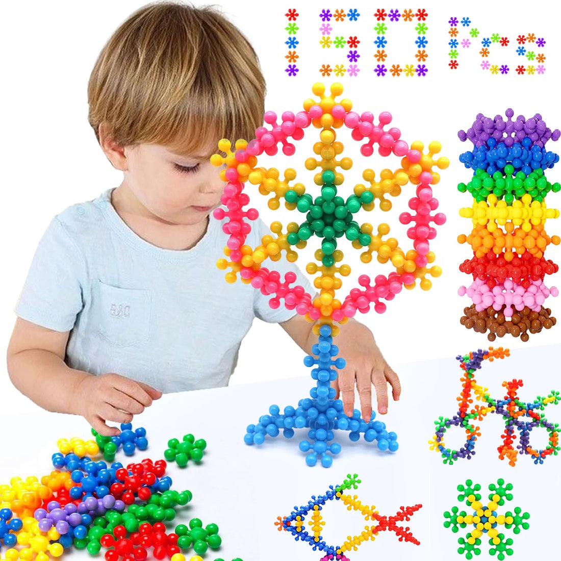 150PCS Plum Blossom Building Blocks 3D Bricks STEM Educational Building Toys Interlocking Solid Plastic Discs Sets Gifts for Kid