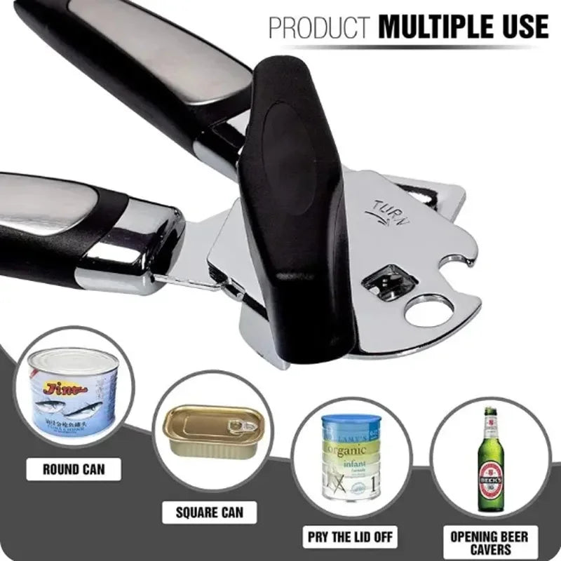 Multifunctional Stainless Steel Can Opener, Side Cut Professional Tin & Bottle Opener, Ergonomic Grip Kitchen Gadget