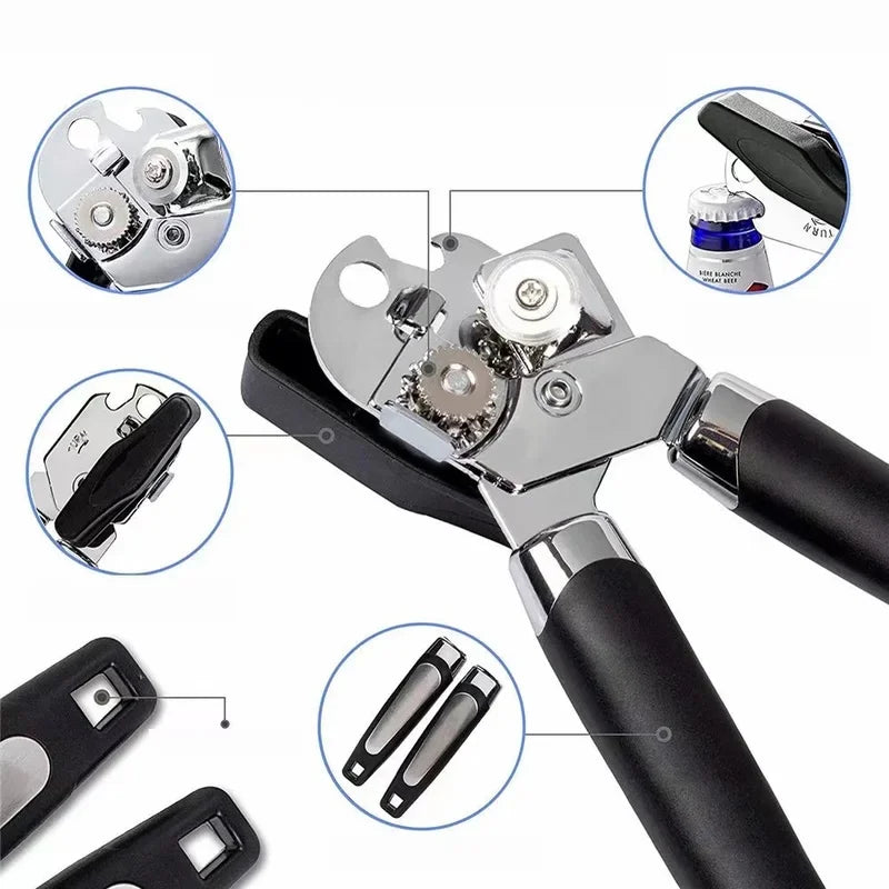 Multifunctional Stainless Steel Can Opener, Side Cut Professional Tin & Bottle Opener, Ergonomic Grip Kitchen Gadget