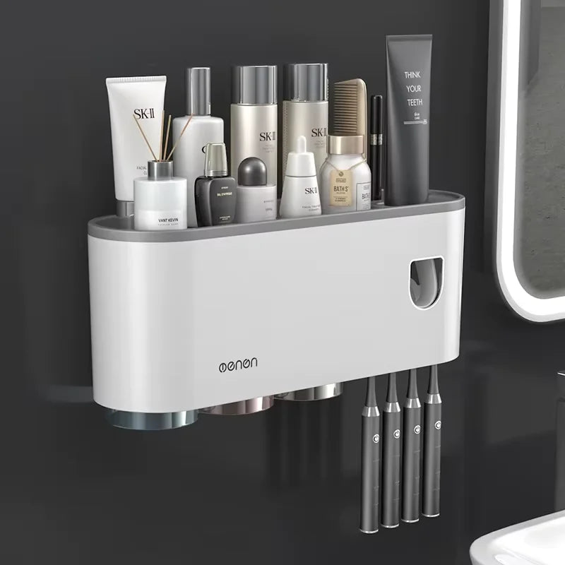 Toothbrush Holder With Automatic Toothpaste Dispenser Wall Mounted Bathroom Storage Organizer