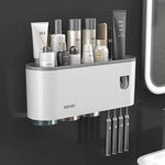 Toothbrush Holder With Automatic Toothpaste Dispenser Wall Mounted Bathroom Storage Organizer